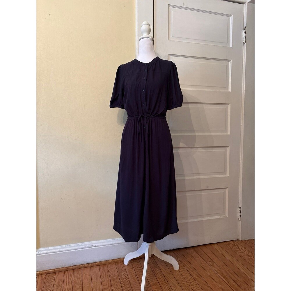 Dress half sleeve button down drawstring navy blue pockets trad wife cottage